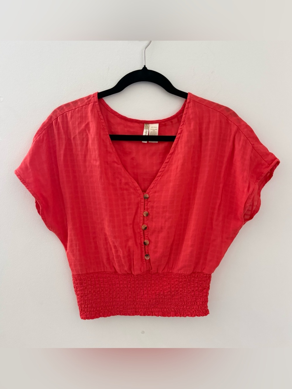 Japna V-Neck Button-Front Smocked Waist Women's Top M Blouse